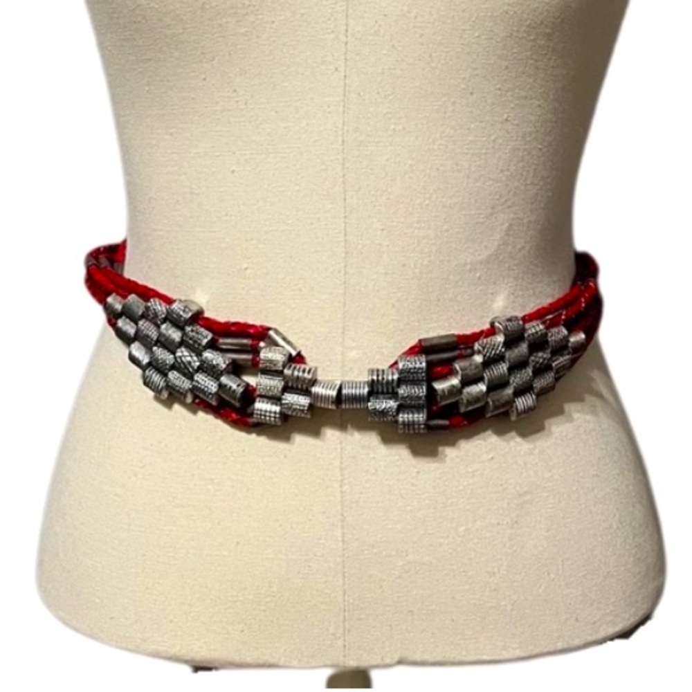 Vintage Chico’s red braided leather‎ silver beads hook western boho belt